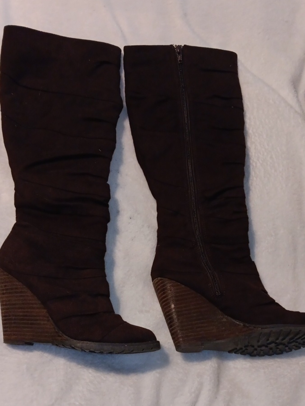 Women's Black Wedge Knee-High Boots - Classic Suede Look
